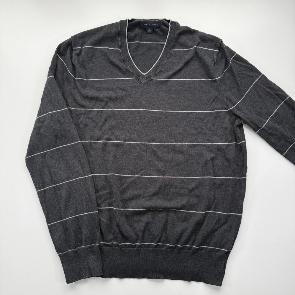 BANANA REPUBLIC V-Neck Silk Cashmere Blend Sweater Mens Large Striped Gray